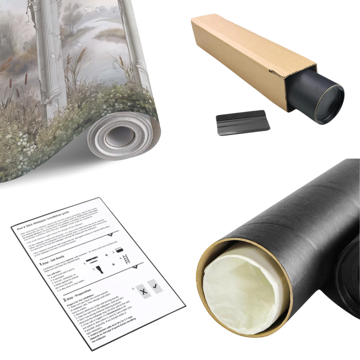 Rolled classical arches landscape wall mural with installation tools and instructions