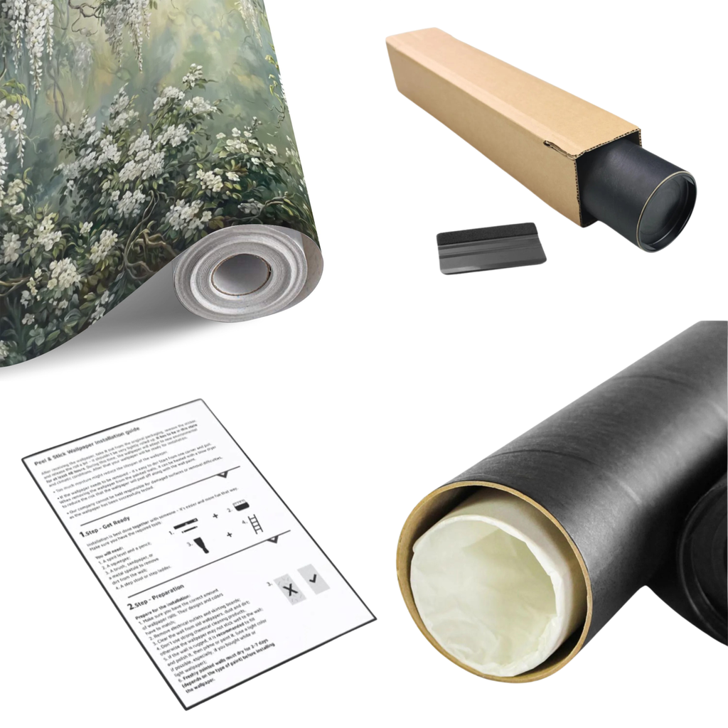 Wall mural material roll with cascading white wisteria flowers on a green botanical scene