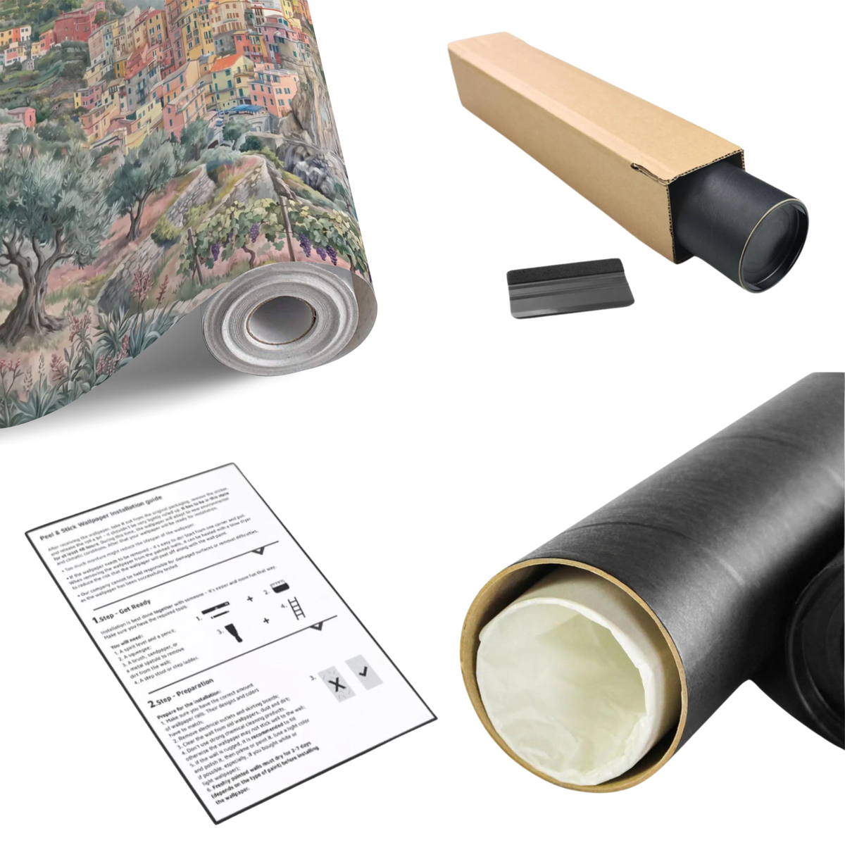 Coastal village wall mural roll with tube and paper installation instructions
