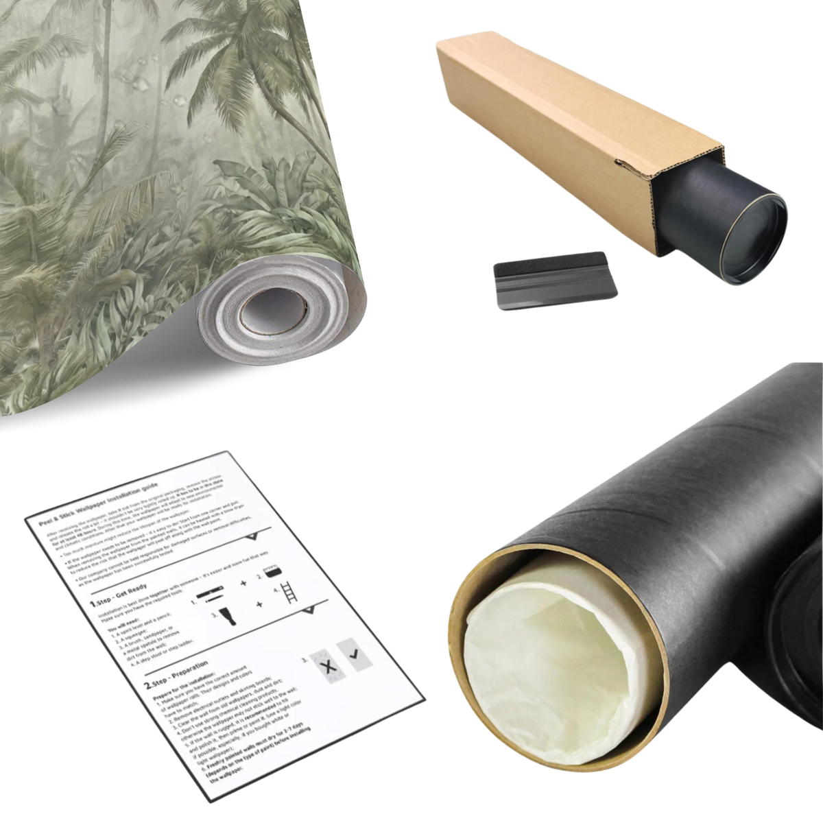 Tropical palm foliage wall mural on rolled sheet, with included application tools