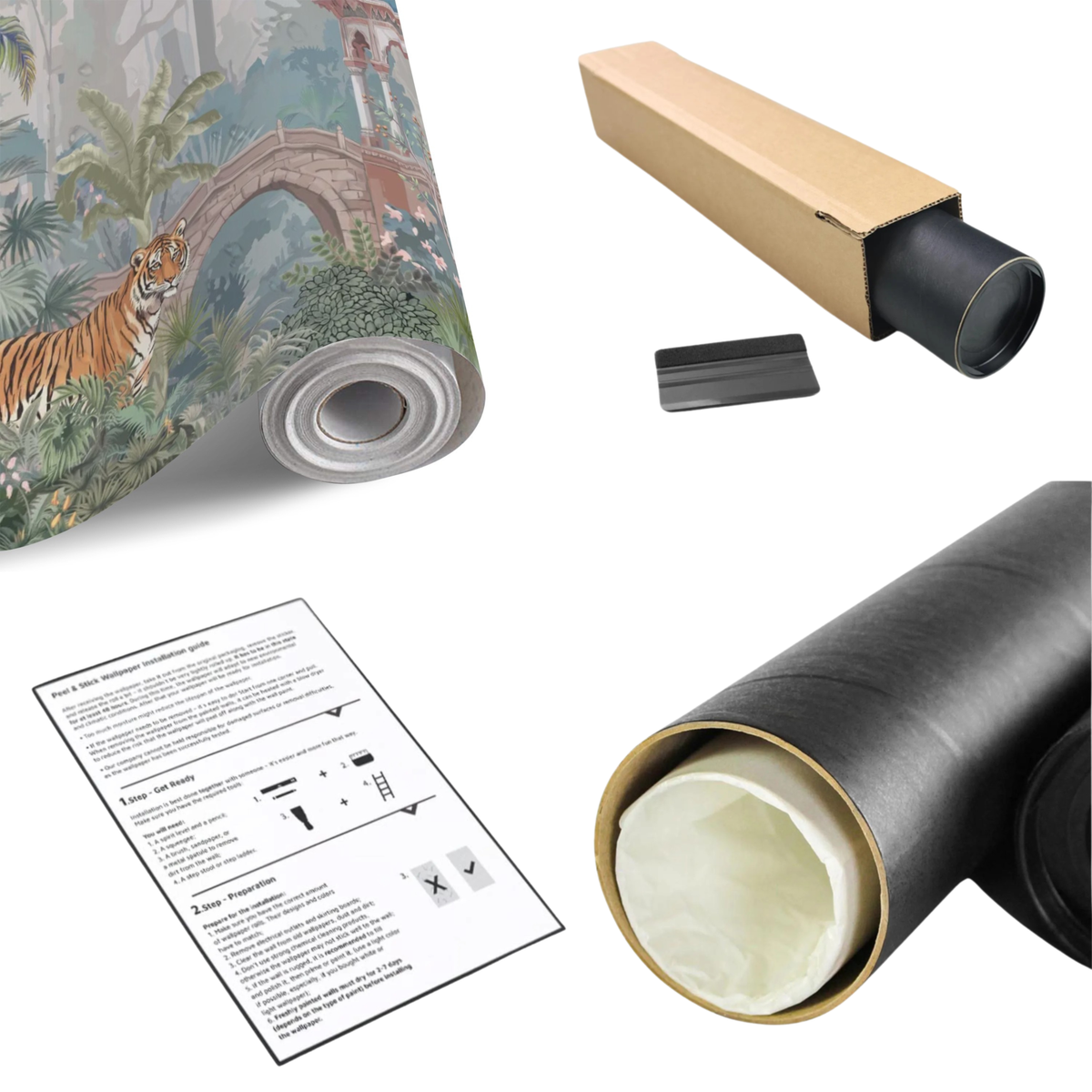 Rolled tropical jungle wall mural print with tiger and birds on paper backing roll