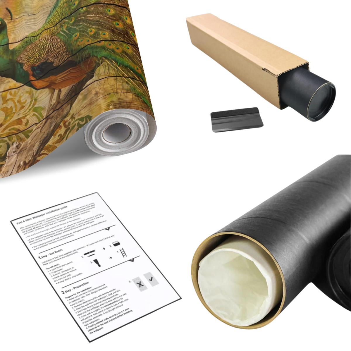 Peacock feather wall mural print with green eyespots on wood planks, shown on rolled backing