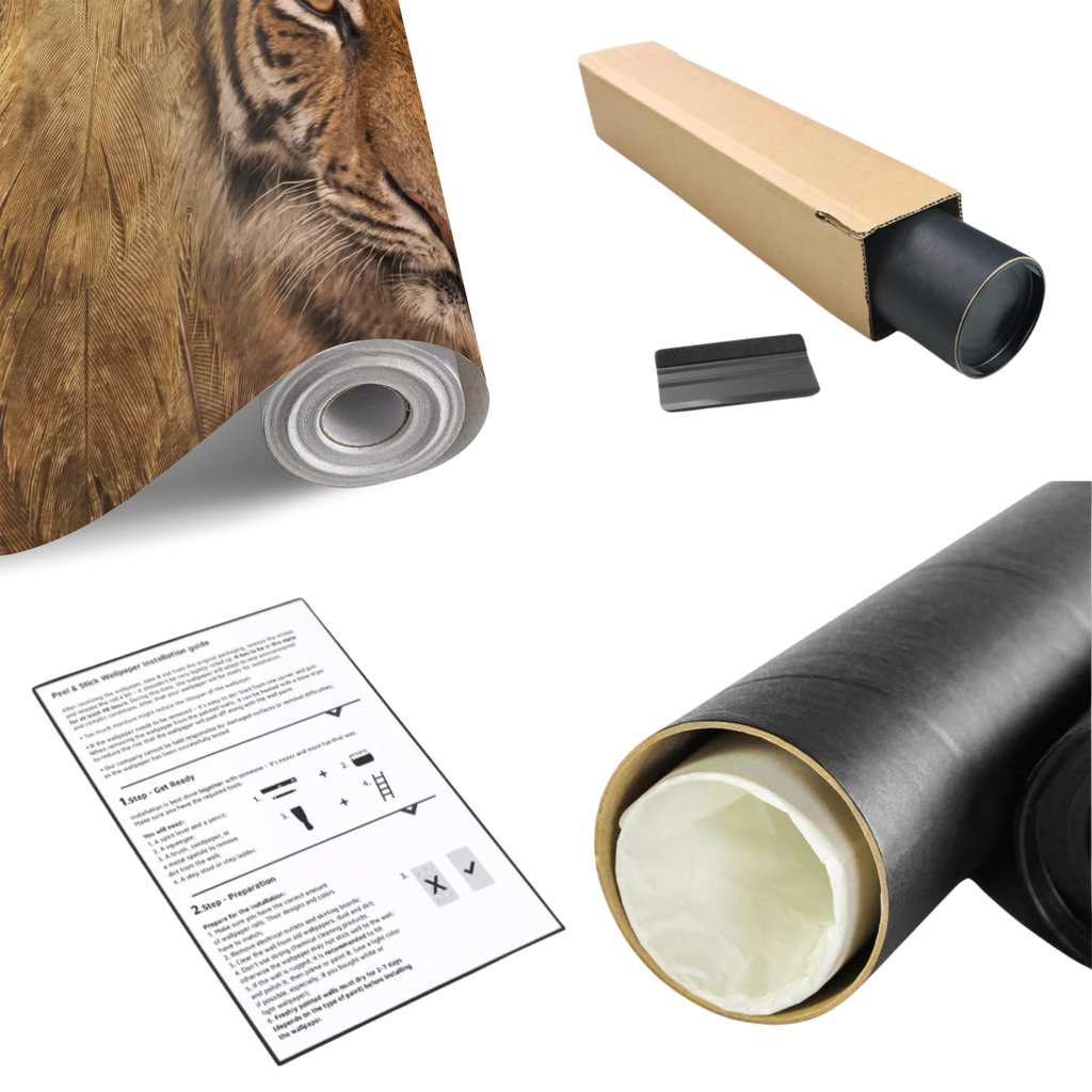 Tiger wall mural roll set with brown wood-texture design and face portrait