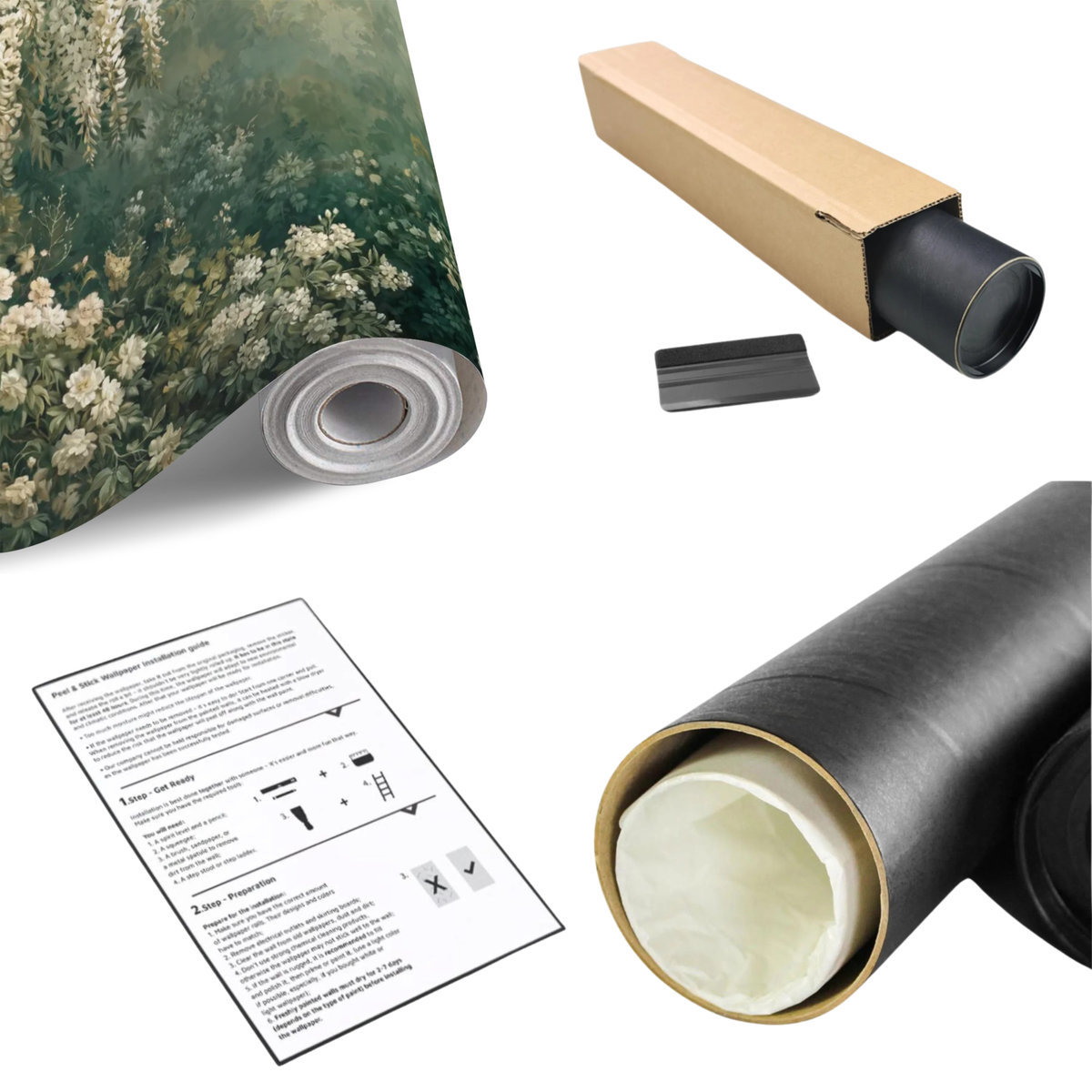 Wall mural roll with instruction sheet and packing accessories, shown uninstalled