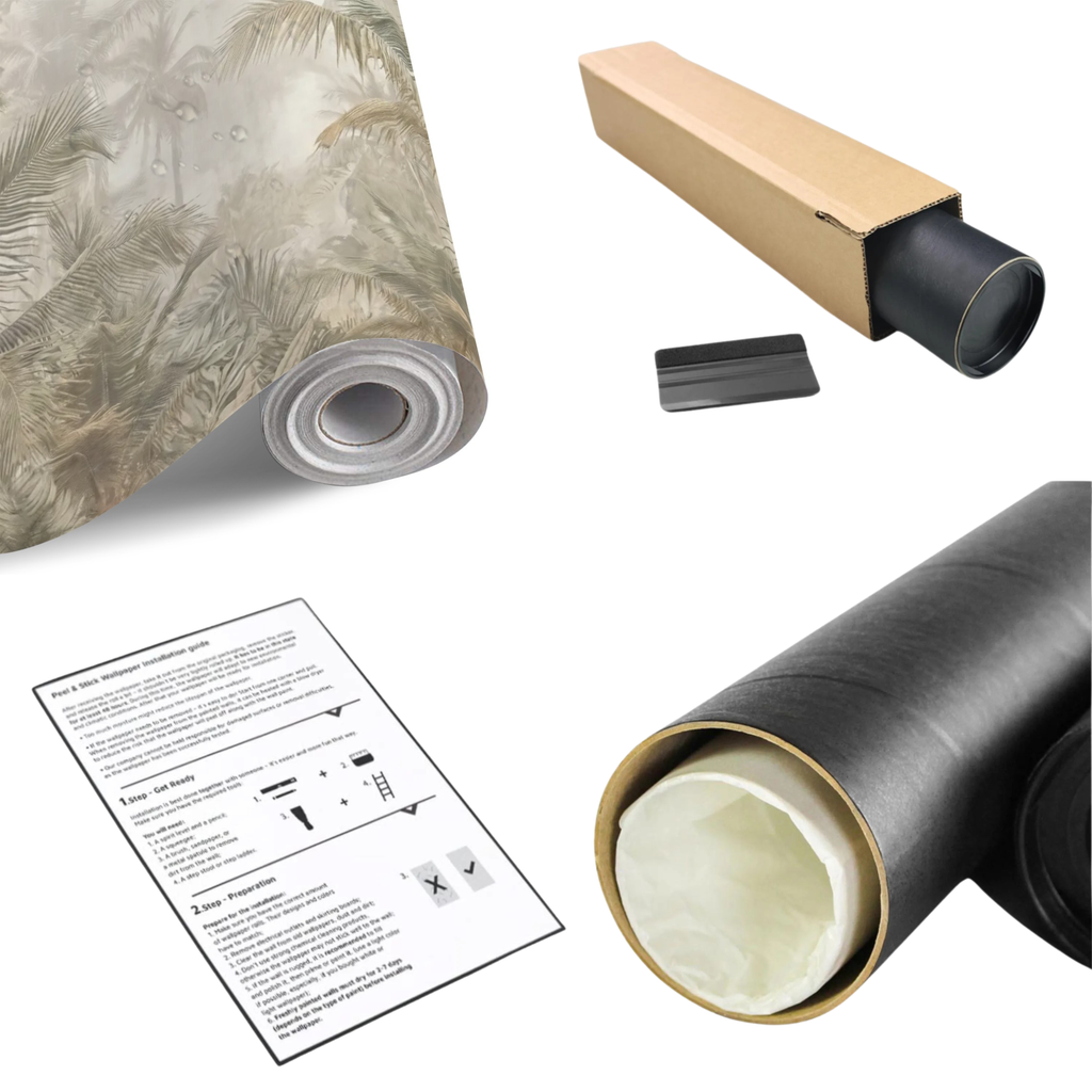 Botanical palm trees wall mural sample roll with accessory tools and instructions