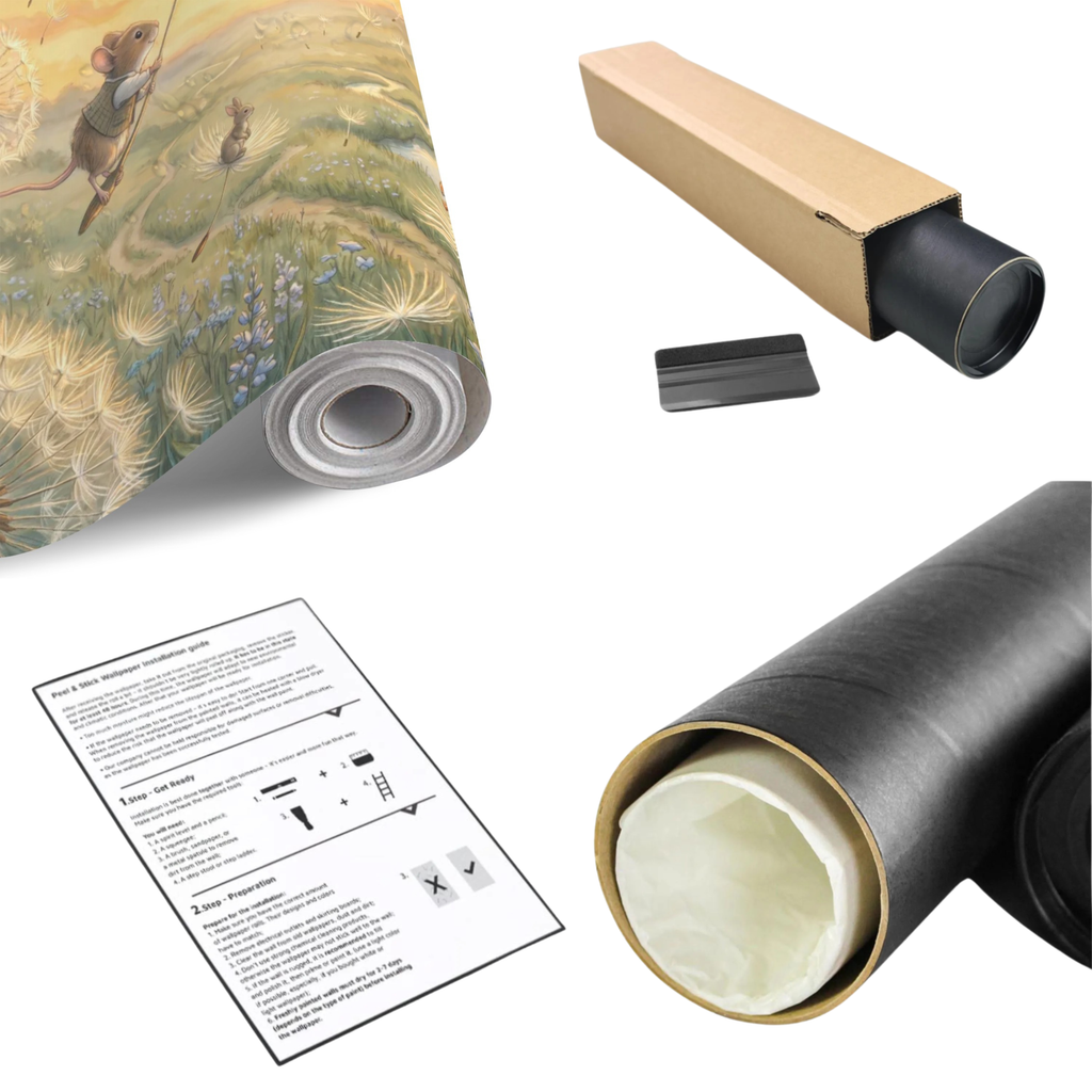 Woodland story wall mural roll with printed instructions and trim accessories in box.
