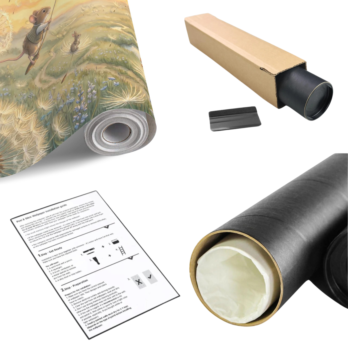 Woodland story wall mural roll with printed instructions and trim accessories in box.