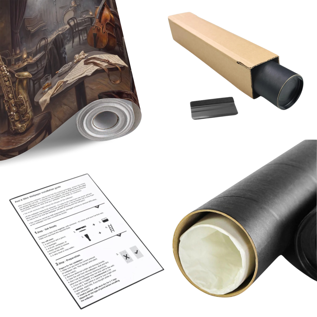 Wall mural roll kit with dark jazz room artwork, saxophone and double bass