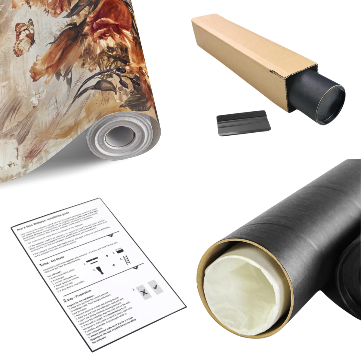 Wall mural roll with protective cardboard tube, backing, and installation instructions