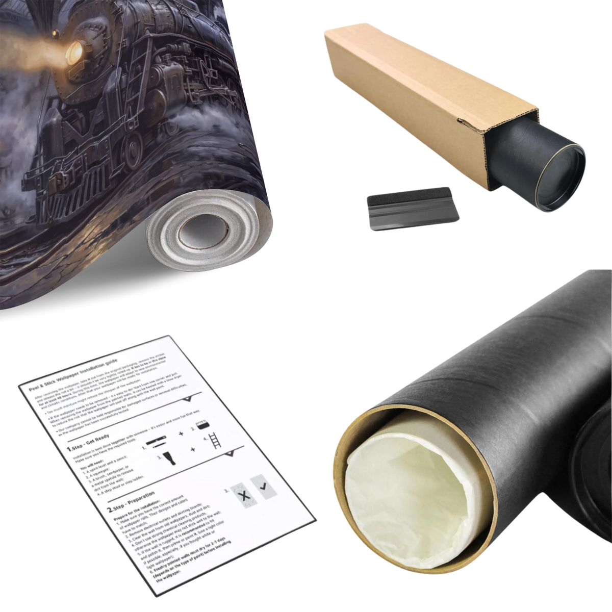 Steam train wall mural in roll packaging with prepasted backing and instruction sheet