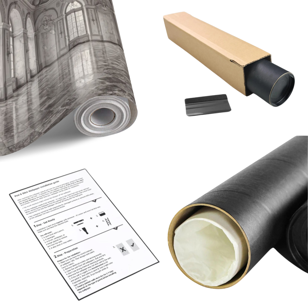 Ornate classical palace interior wall mural roll with backing and installation guide