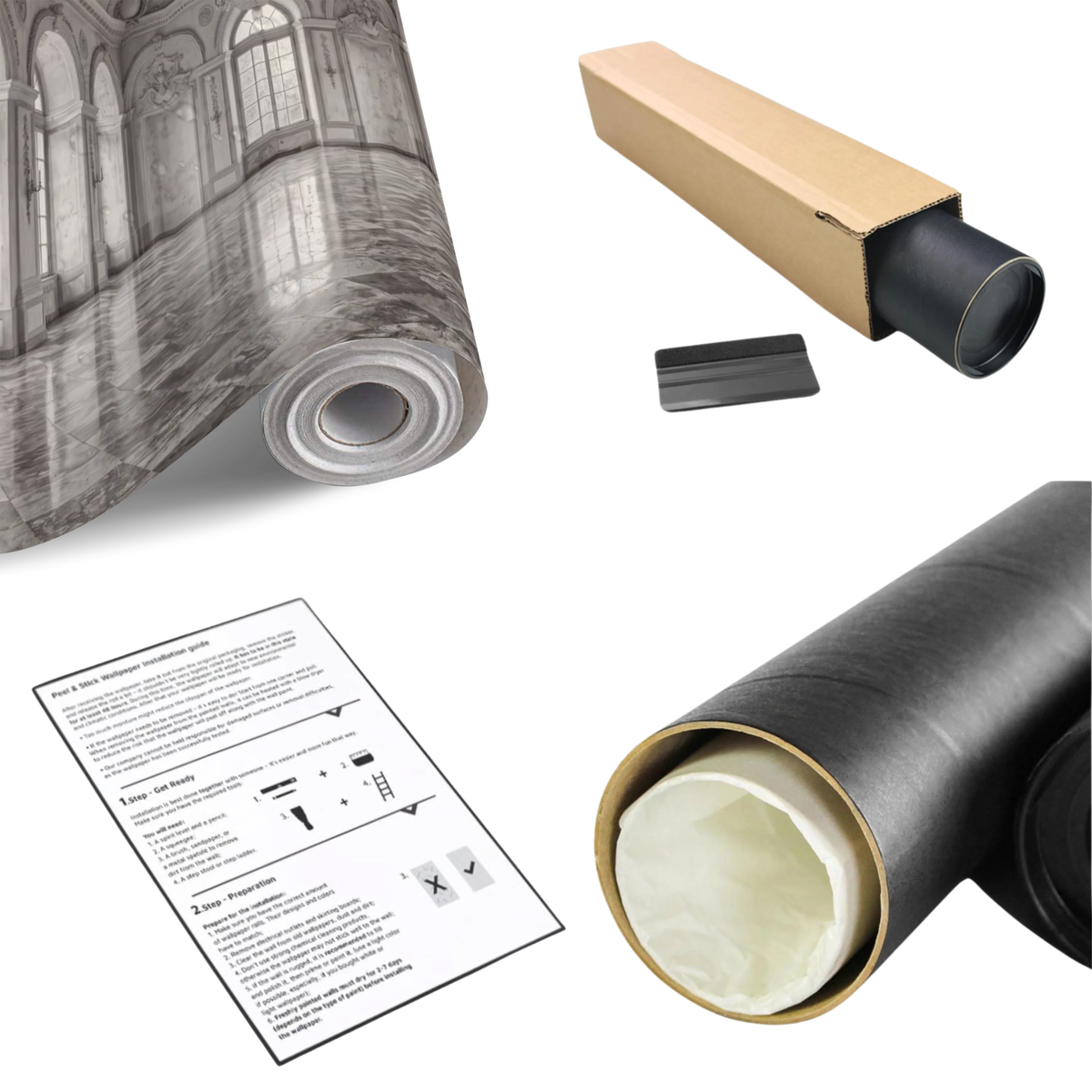 Ornate classical palace interior wall mural roll with backing and installation guide