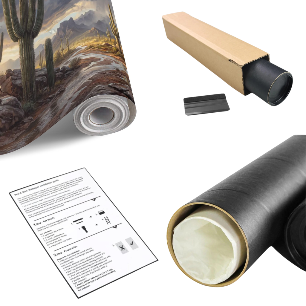 Southwest desert cactus mural roll and packaging, unrolled wall art with instruction sheet