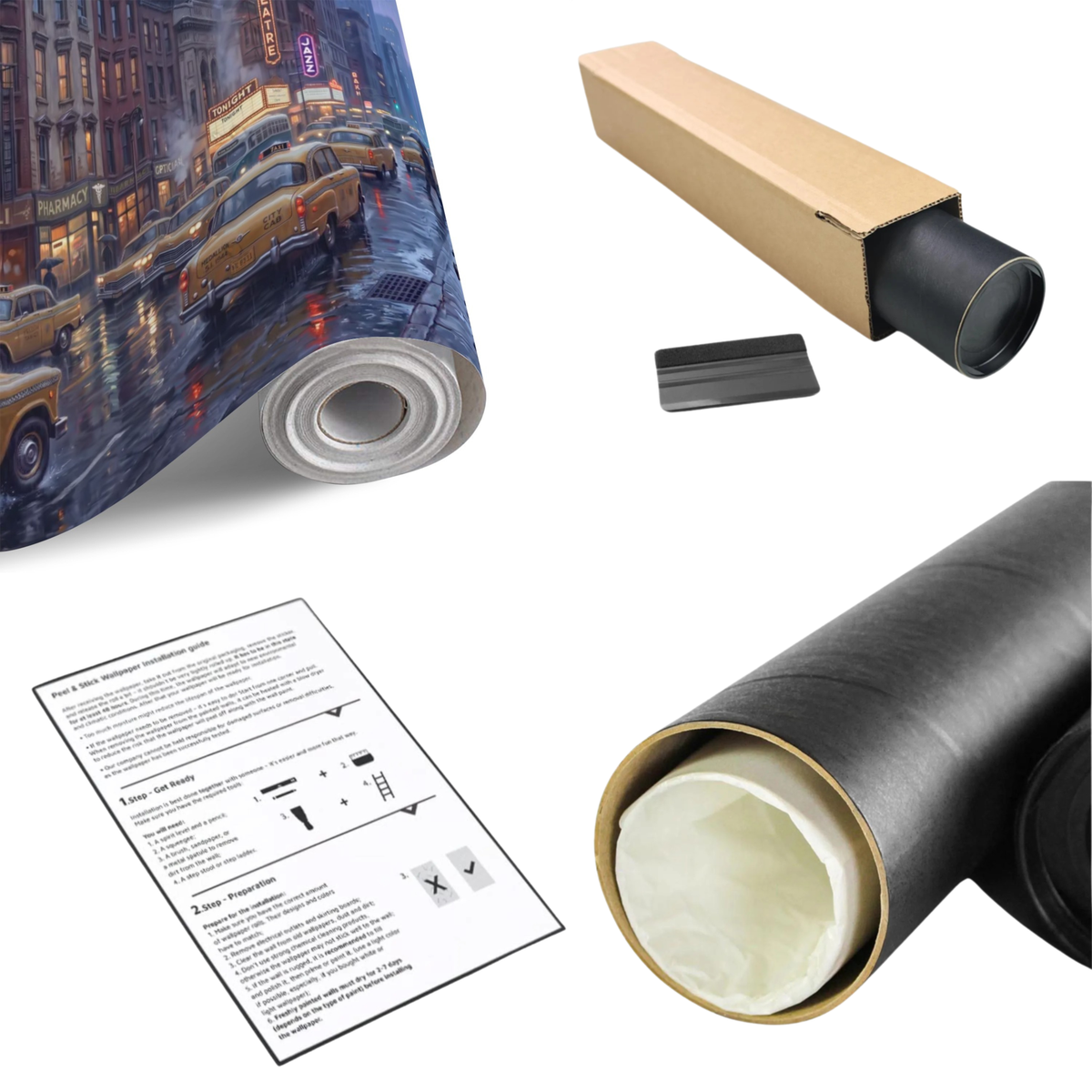 Wall mural roll with vintage city scene, with cardboard sleeve and instruction sheet