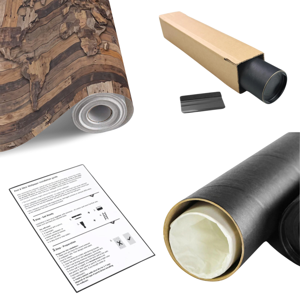 Wood world map wall mural roll with backing and installation tools