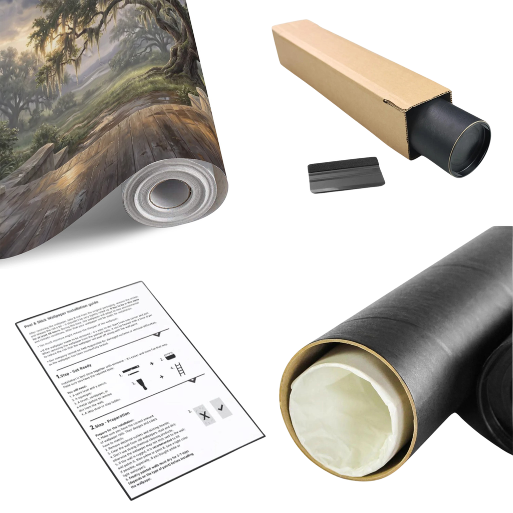 Wall mural roll with backing, box, installation tools and instructions, ready to apply