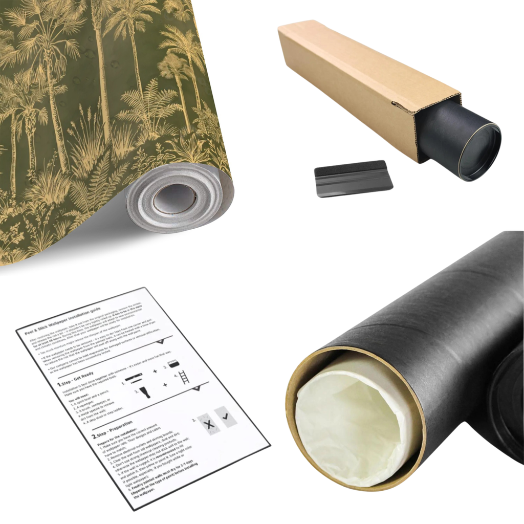 Tropical wall mural roll with olive green background and golden palm tree pattern