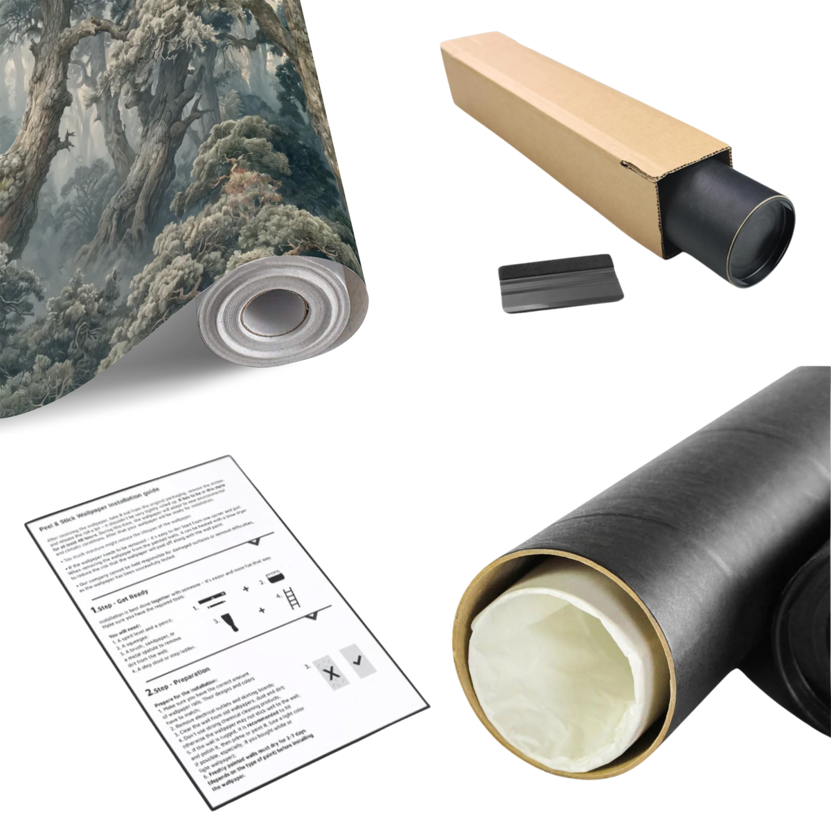Botanical forest wall mural roll with install sheet and boxed backing materials