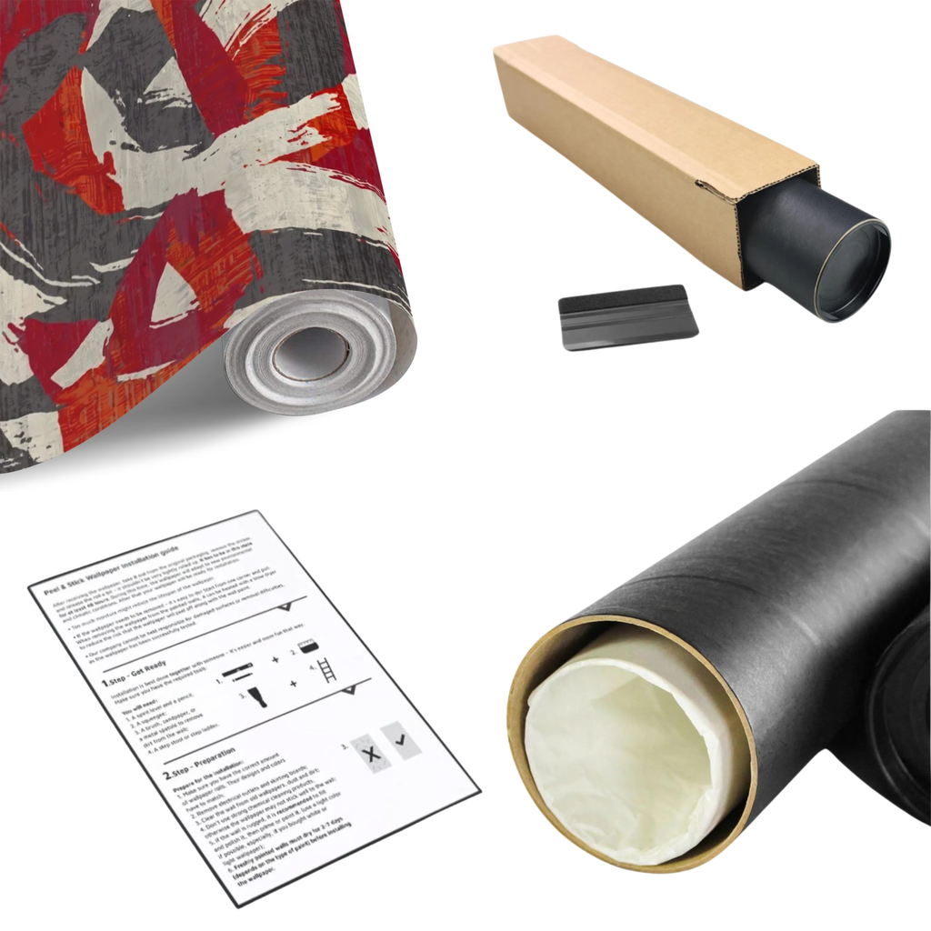 Wall mural roll with abstract red, black, and white brush-stroke swirl design