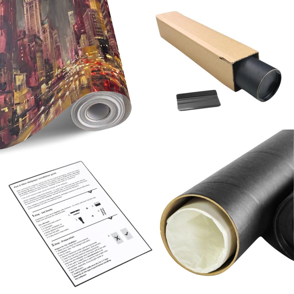 Wall mural roll showing abstract night city skyline in red, gold, and dark tones