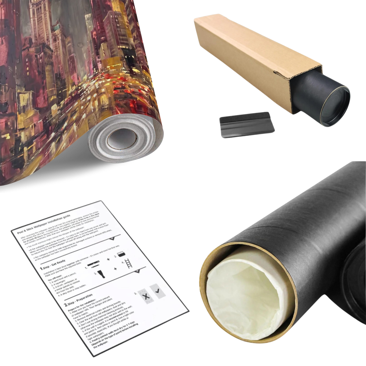 Wall mural roll showing abstract night city skyline in red, gold, and dark tones