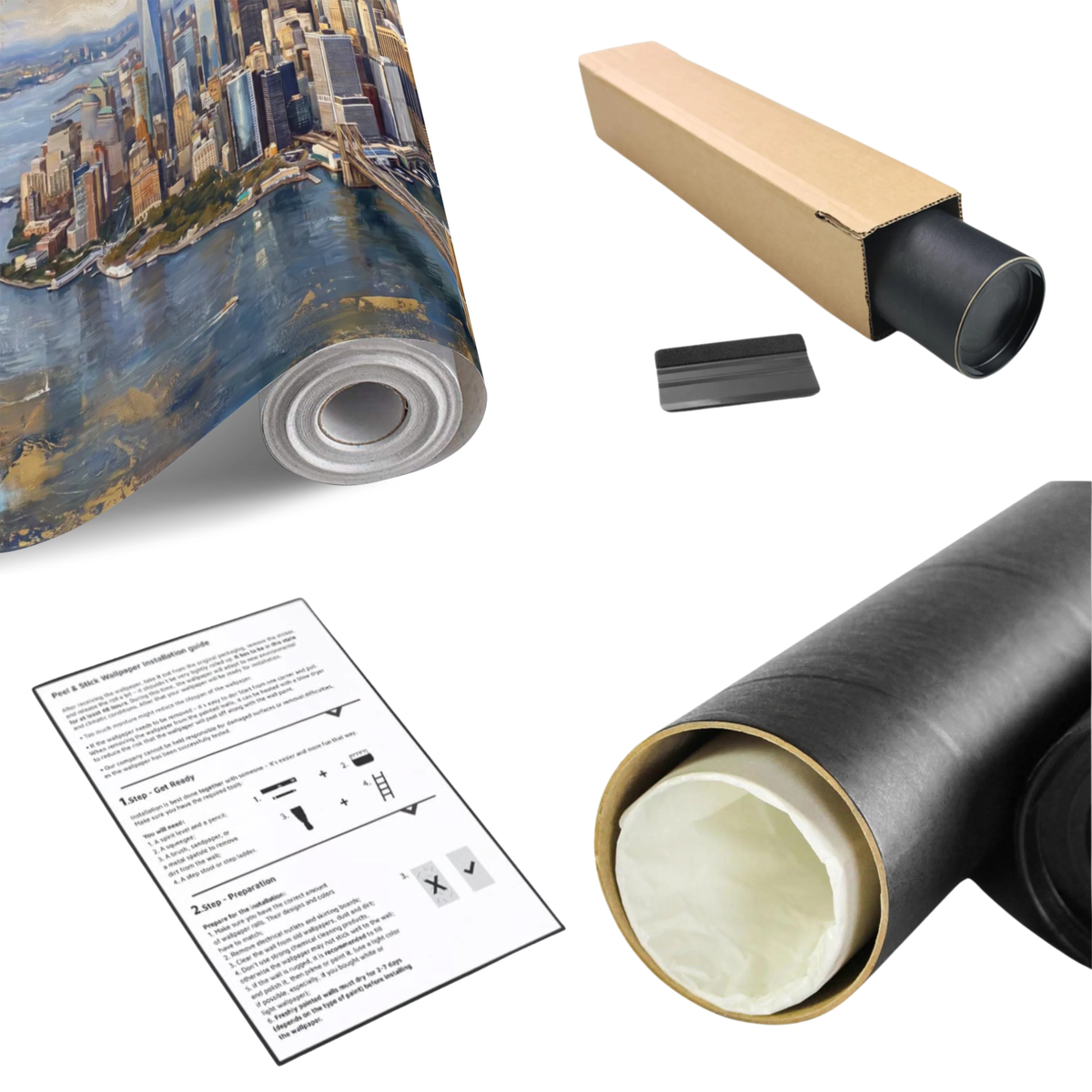 Painted city skyline wall mural roll with backing and instruction sheet, in box
