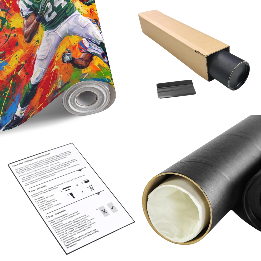 Sports wall mural roll with dark backing, instructions sheet, and cardboard tube