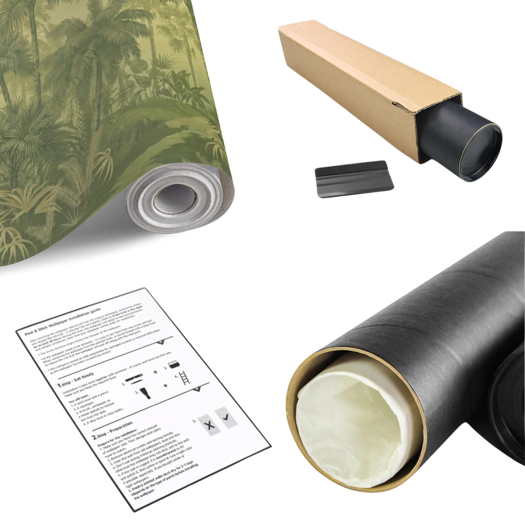 Tropical palm wallpaper mural roll set in olive green with installation tools