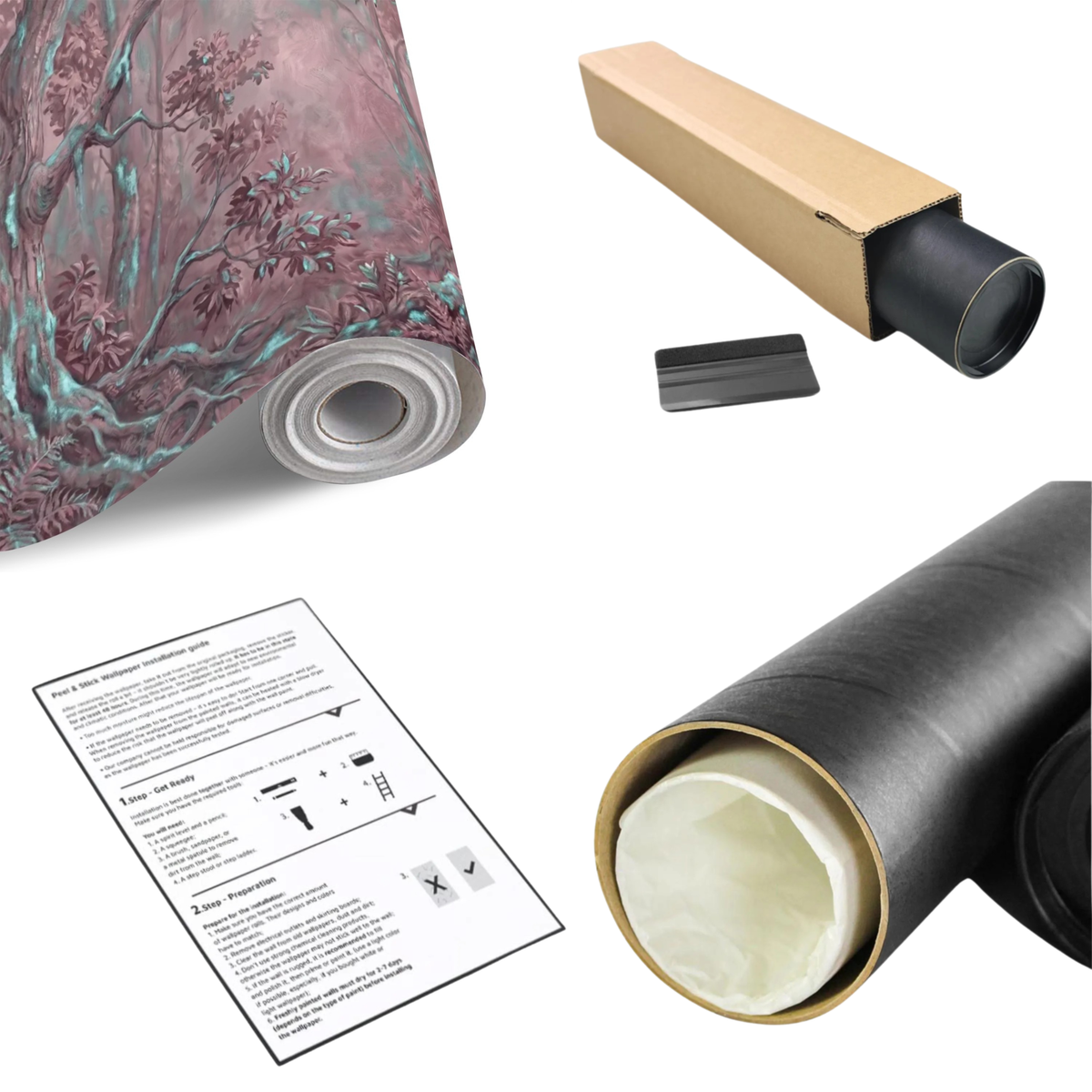 Botanical woodland wall mural roll with printed trees and installation materials