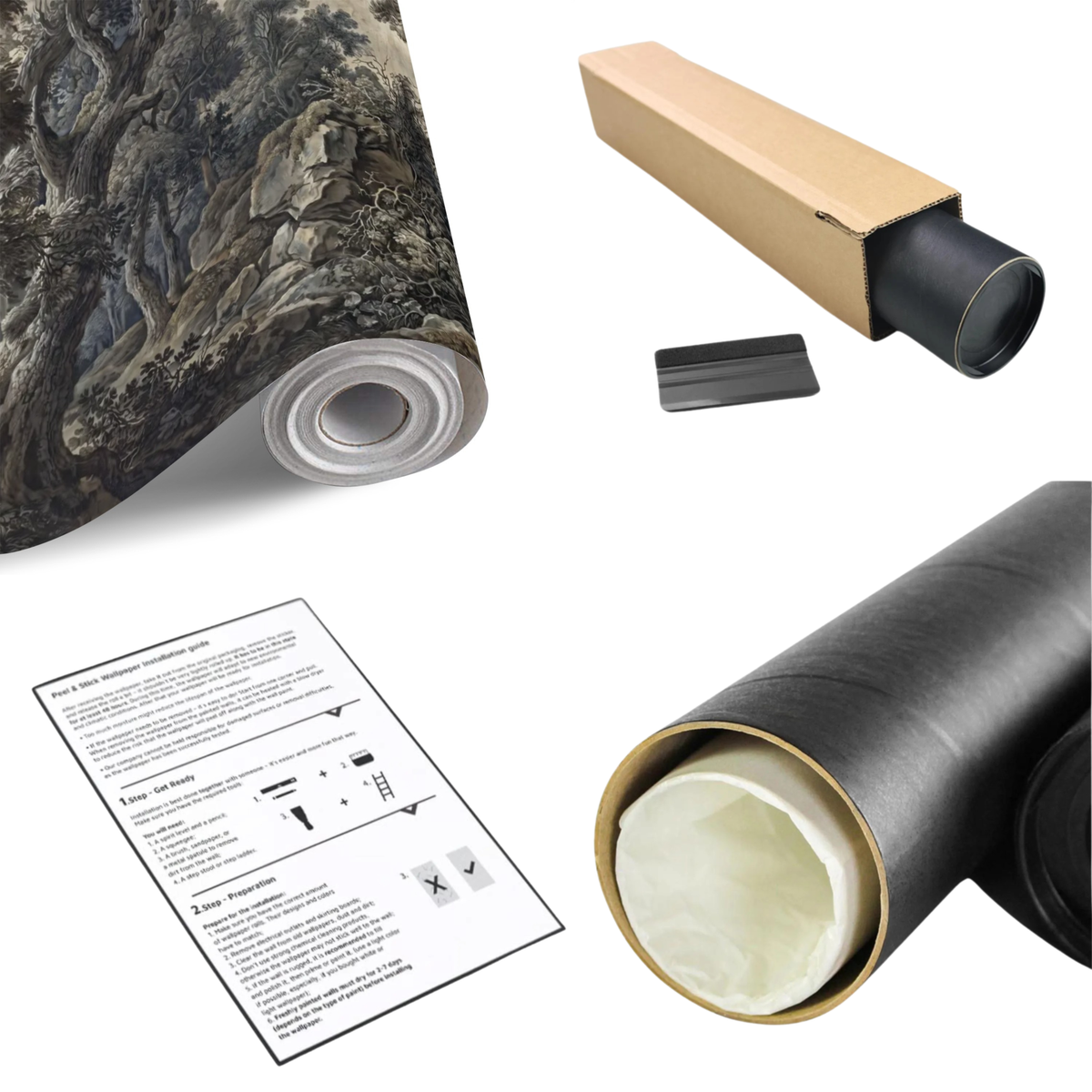 Woodland wall mural roll with instruction sheet, boxed and unrolled material