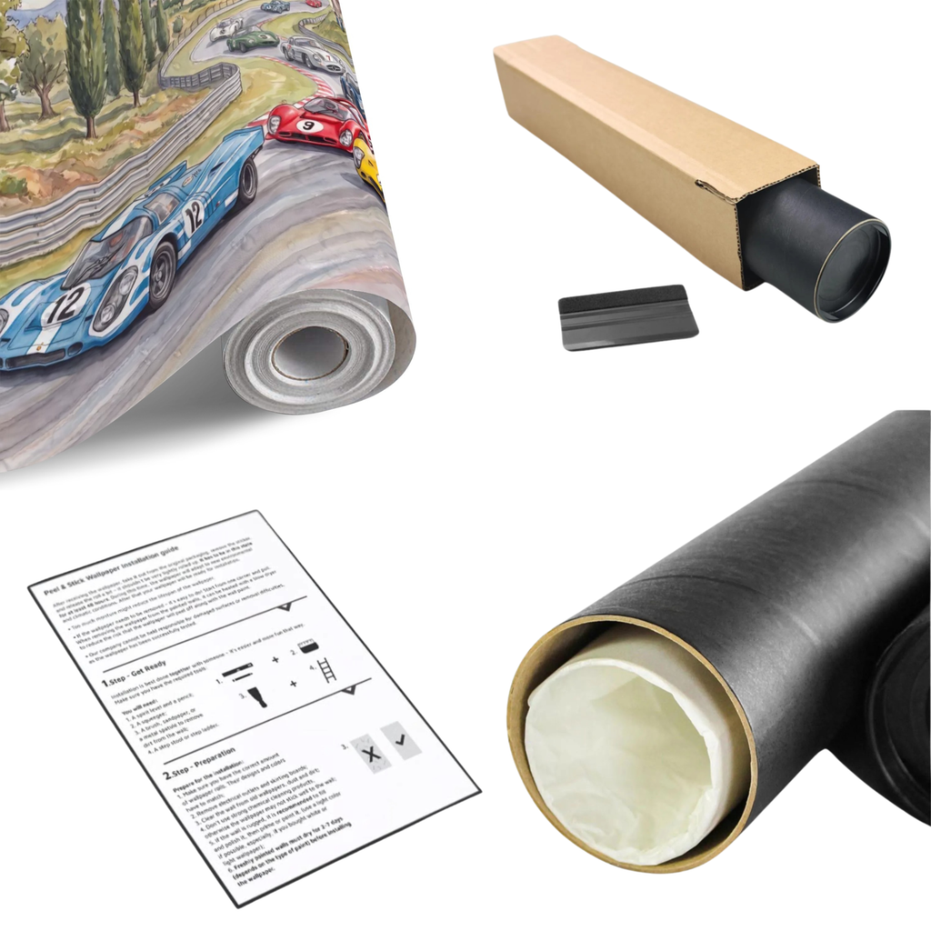 Race car wall mural roll with instruction booklet and protective accessories