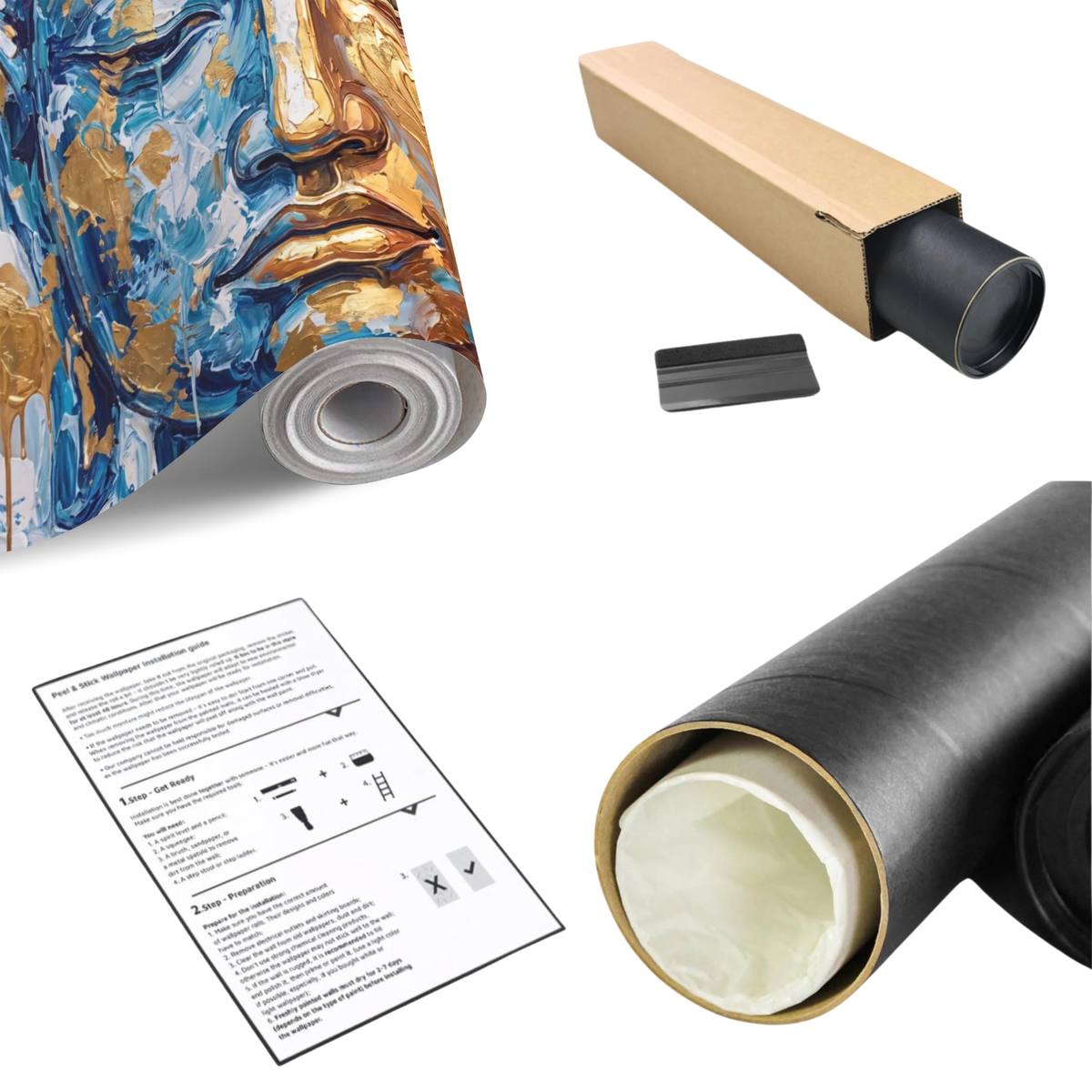 Textured Buddha face blue-and-gold wall mural roll with backing and tube packaging.