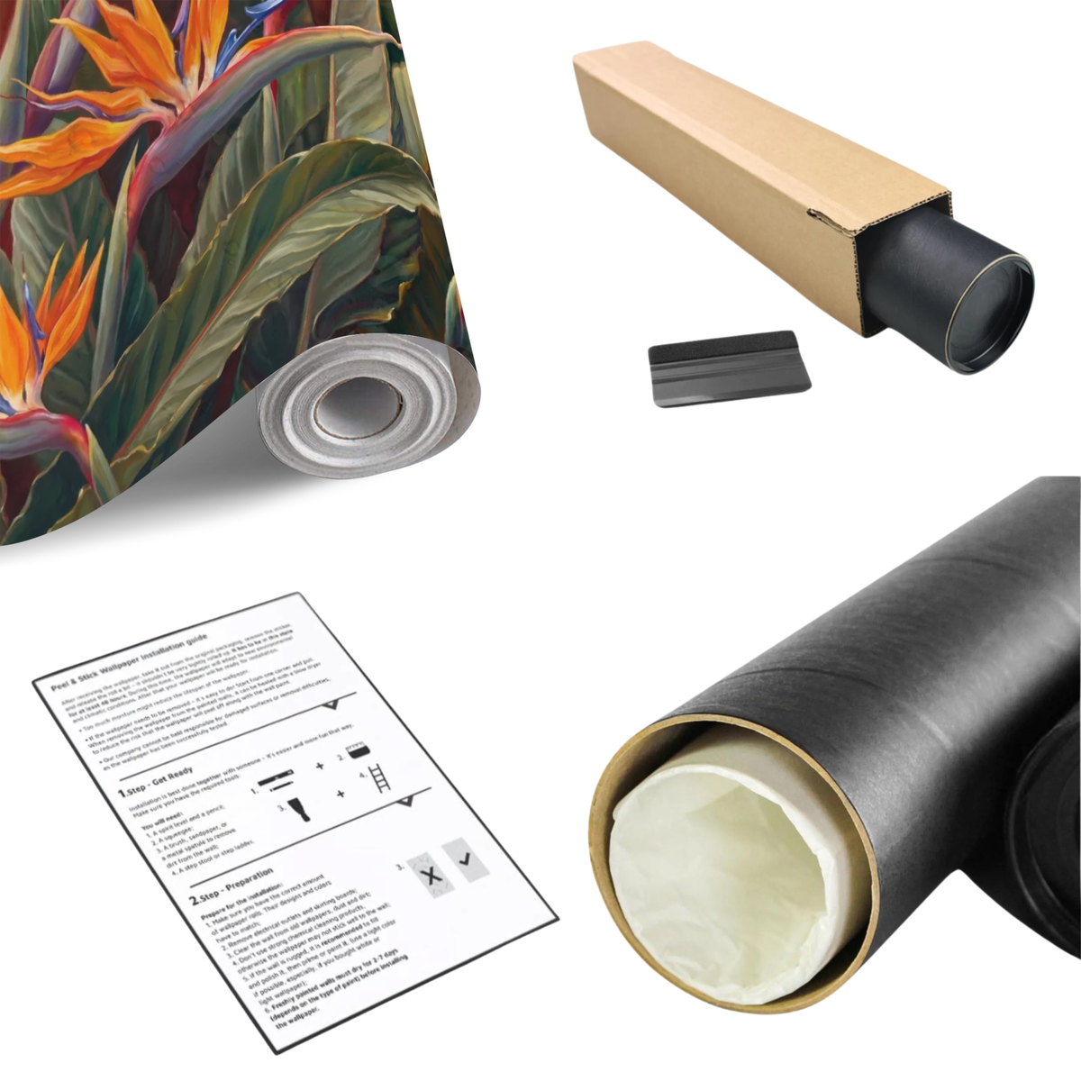 Peel-and-stick bird of paradise mural roll with botanical orange flowers and green leaves