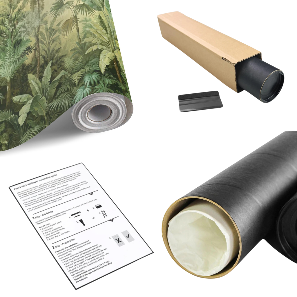 Tropical jungle palm leaf wall mural roll with instructions and accessories laid out