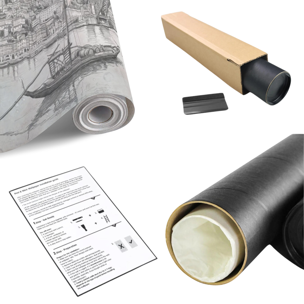 Rolled grayscale wall mural print with cardboard tube and instructions sheet