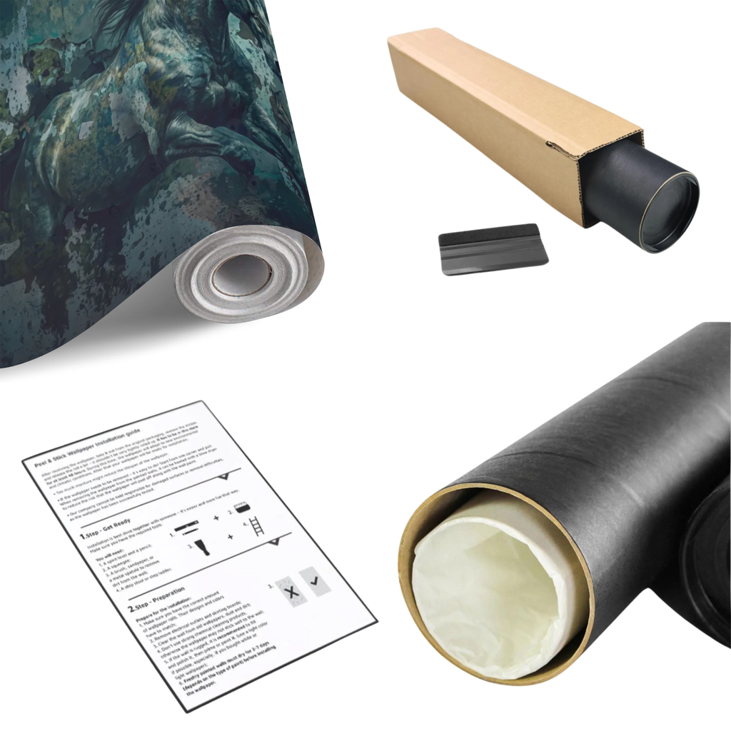 Wall mural roll featuring dark teal running horse grunge artwork, with backing and instructions