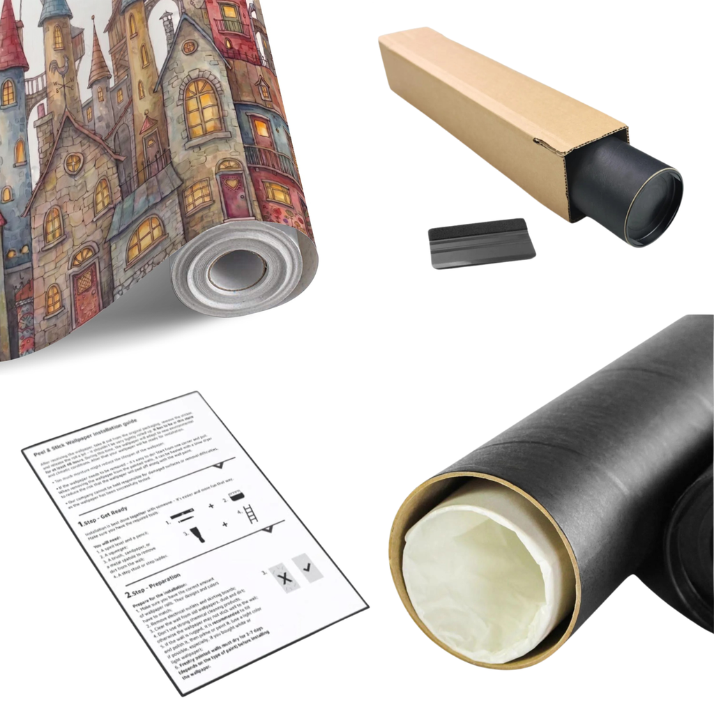 Colorful storybook castle village wall mural, rolled print with mounting instructions