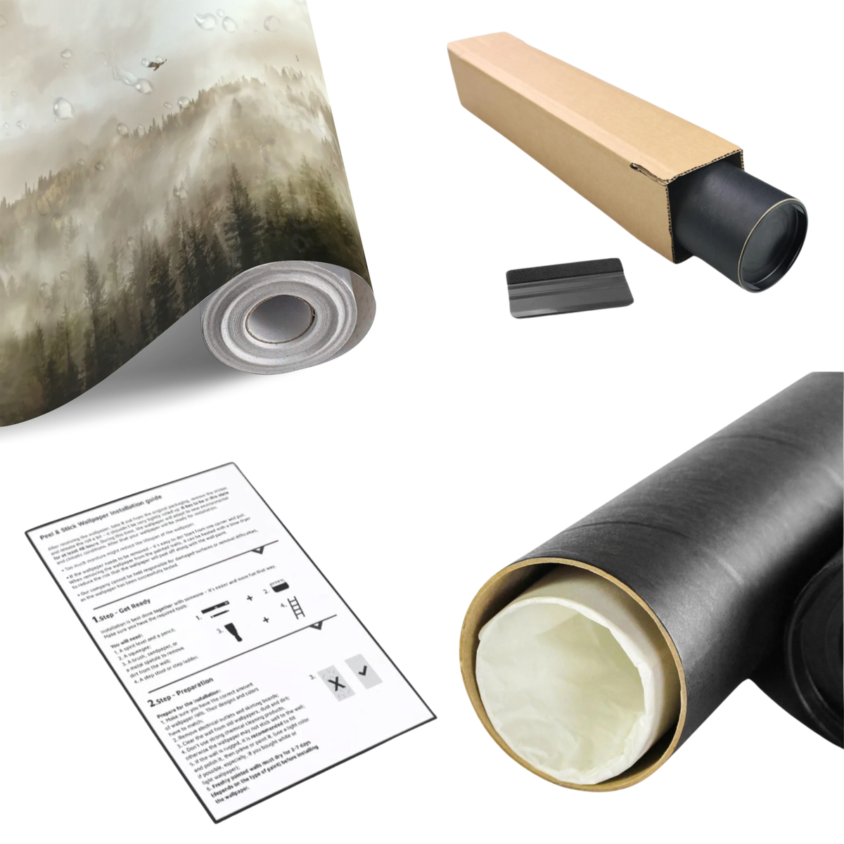 Foggy pine forest wall mural roll with backing and install instructions