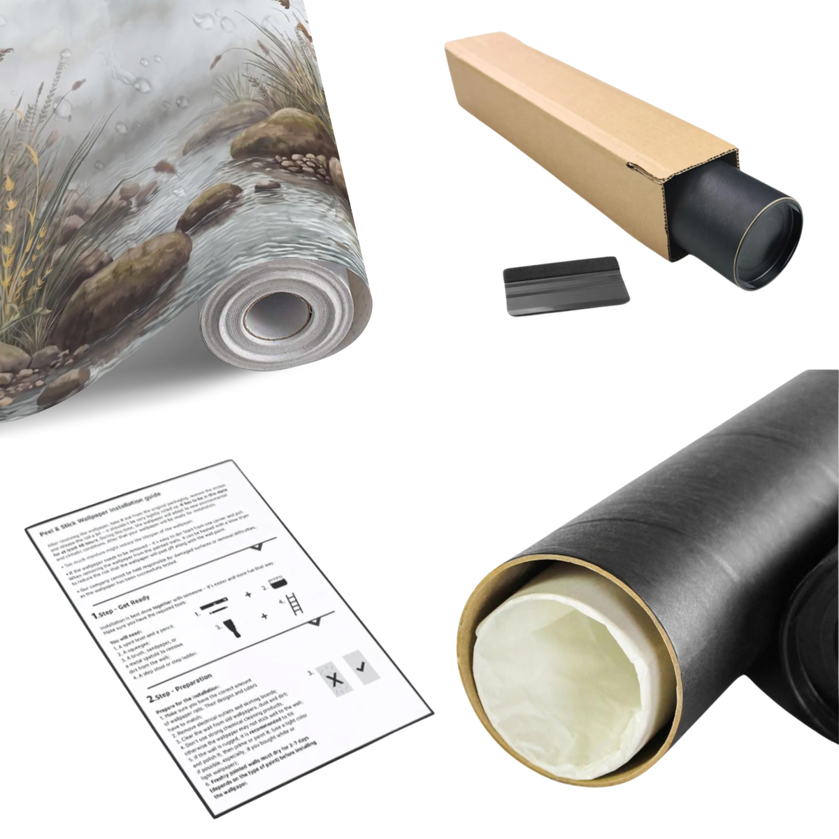 Misty stream wall mural roll with accessory sheet and retail box, showing reeds and rocks