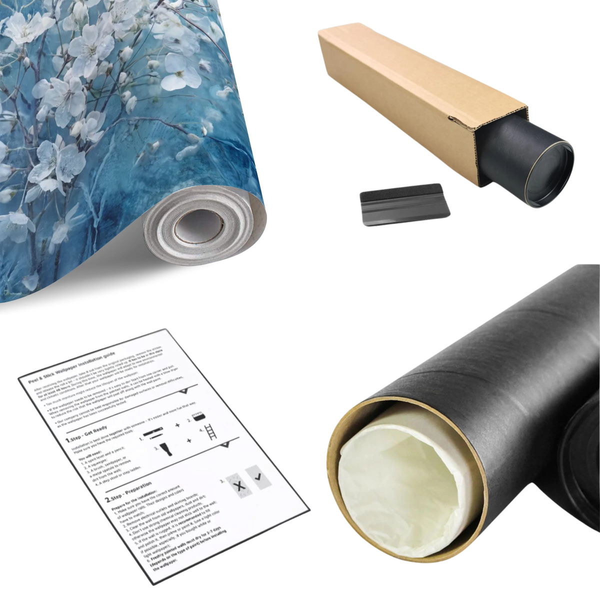Blue floral wall mural roll with delicate white cherry blossoms on textured background