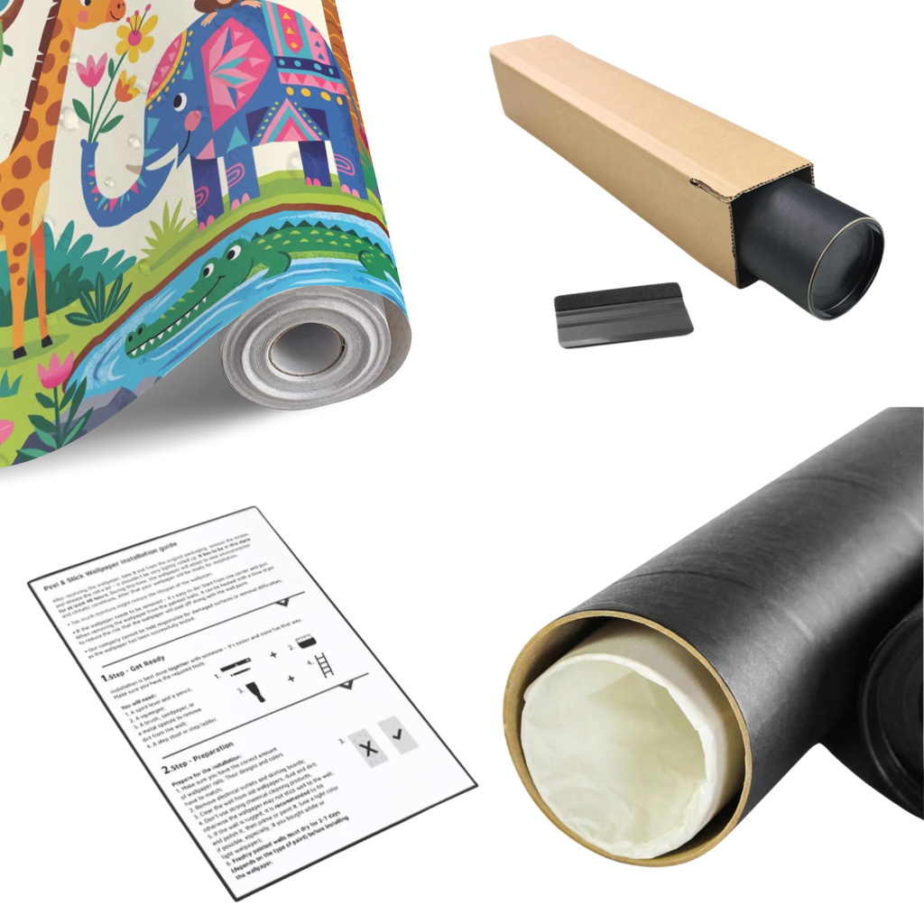 Jungle animal wall mural roll with backing tube, instruction sheet, and sample strip