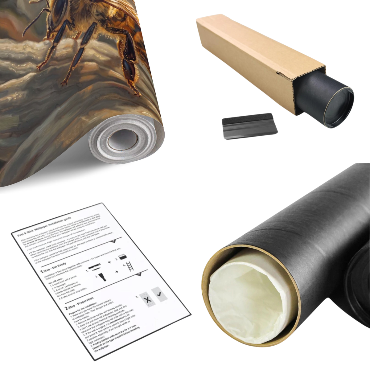 Rolled honey bee botanical wall mural print with backing sheet and install tools