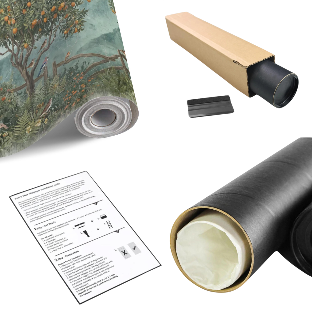 Botanical wall mural roll showing orange trees, birds, and mountain landscape