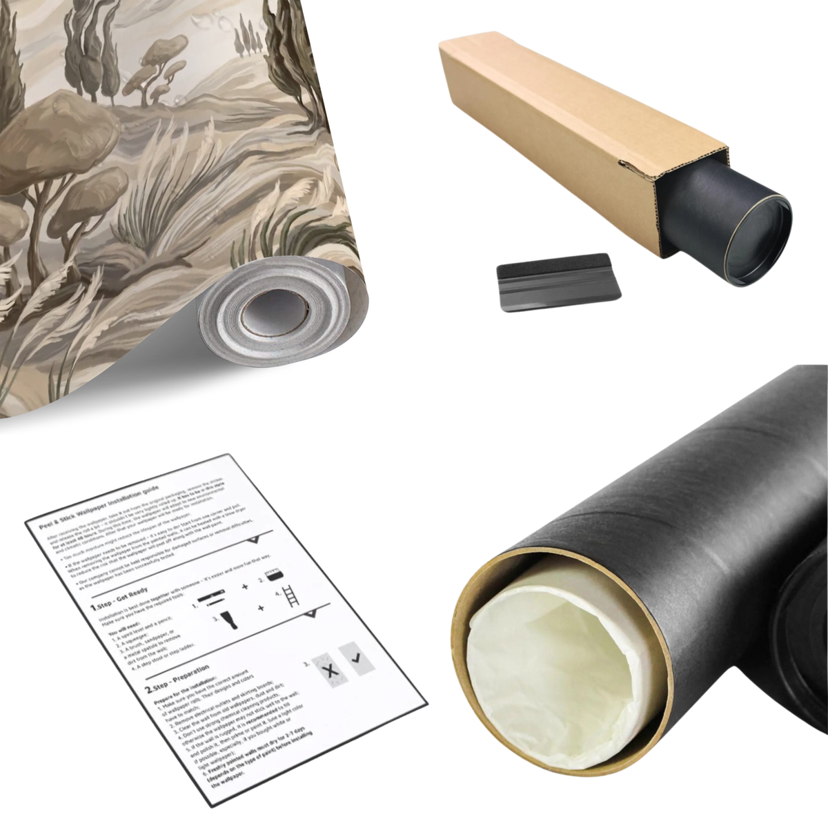 Wall mural roll and unrolled sample with neutral abstract landscape and cypress trees