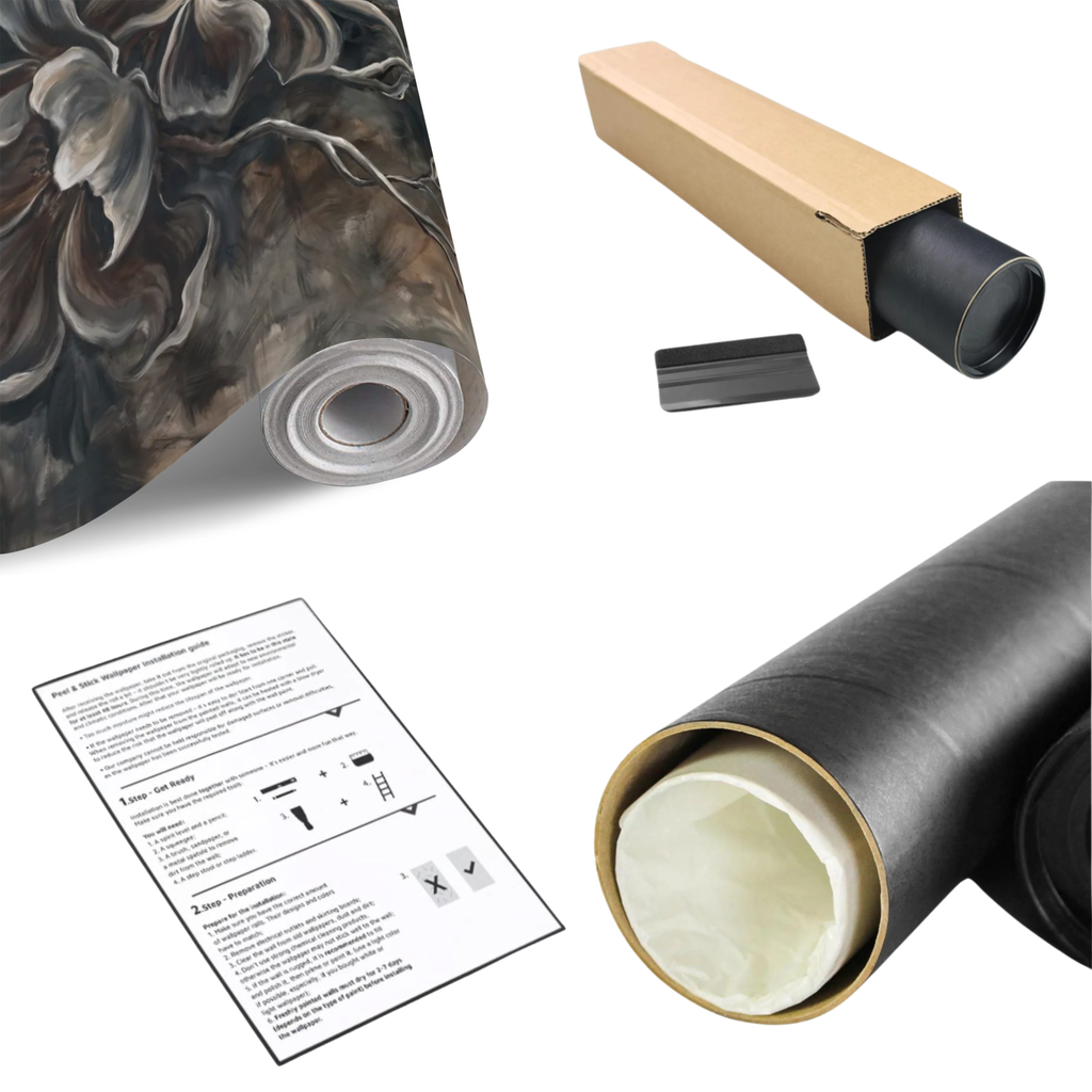 Botanical wall mural roll with dark charcoal magnolia floral abstract design