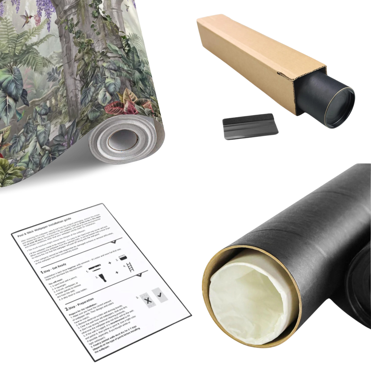 Botanical wall mural roll with instruction sheet, showing tropical purple wisteria arches design