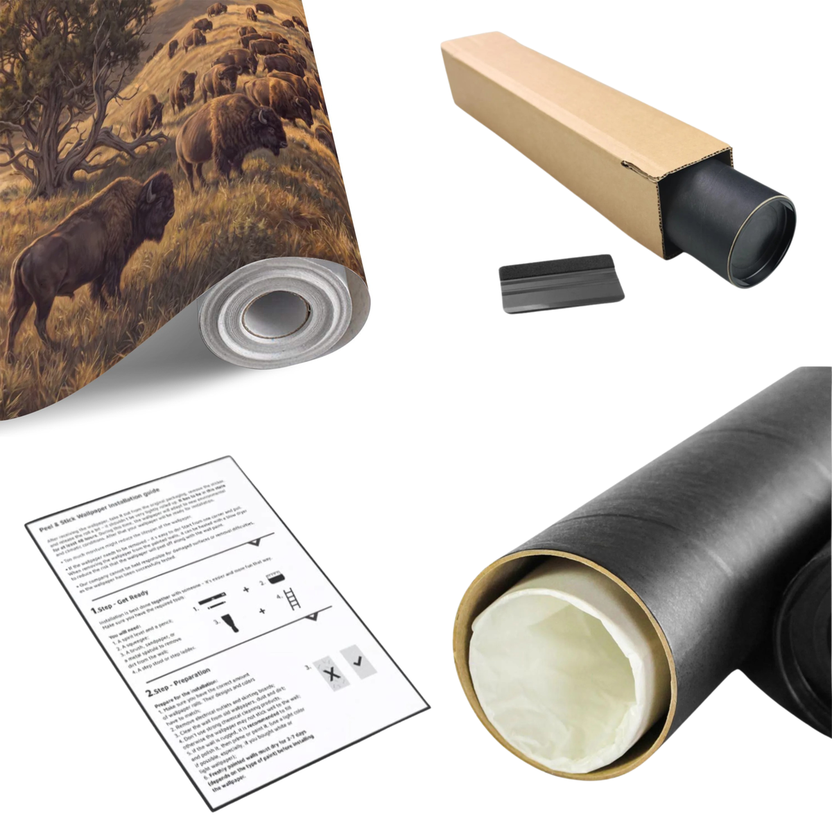 Buffalo prairie wall mural roll, cardboard tube, and instruction sheet for installation