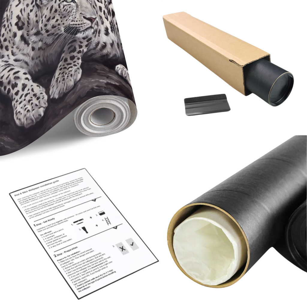 Snow leopard wall mural print roll set with dark animal artwork and mounting instructions