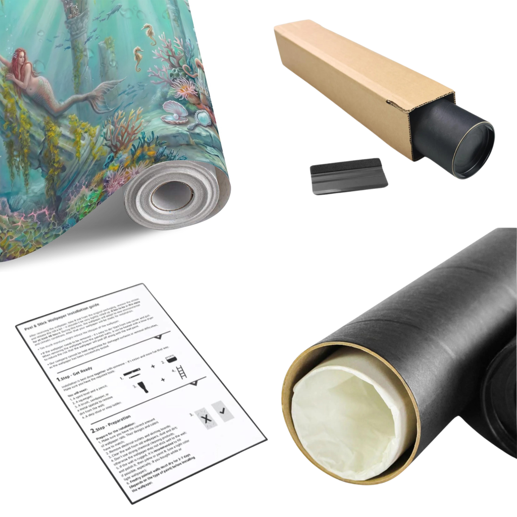 Wall mural roll and sample sheet, featuring an underwater mermaid and sea creatures