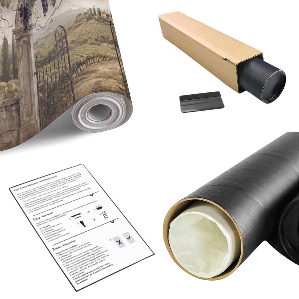 Roll of grape-vine wall mural with iron gate and hills print, in protective packaging.
